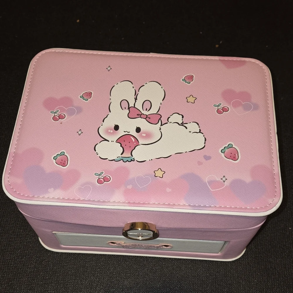 Pink Girls Jewelry Box With Cartoon Easter Bunny Strawberries
